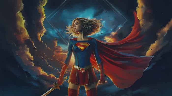 Supergirl standing with sword in front of clouds