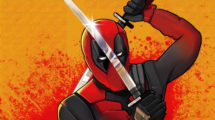 Deadpool holding two katanas