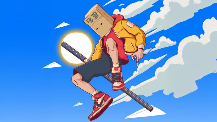 Box Head Cool Guy with Katana in the Sky