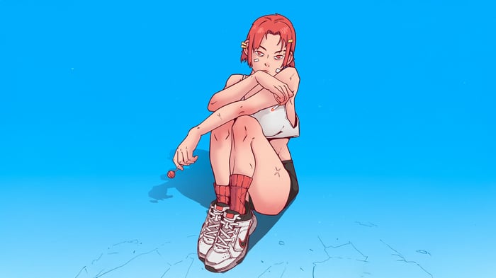 Anime girl with red hair holding a lollipop