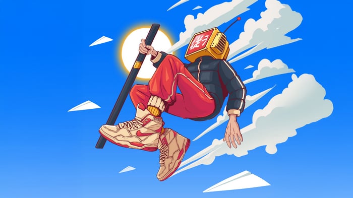 Tv Head Character Holding Staff in Clouds