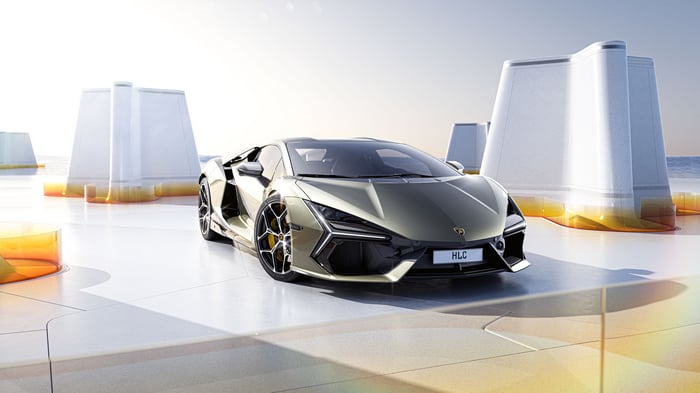 Lamborghini Revuelto on a futuristic platform