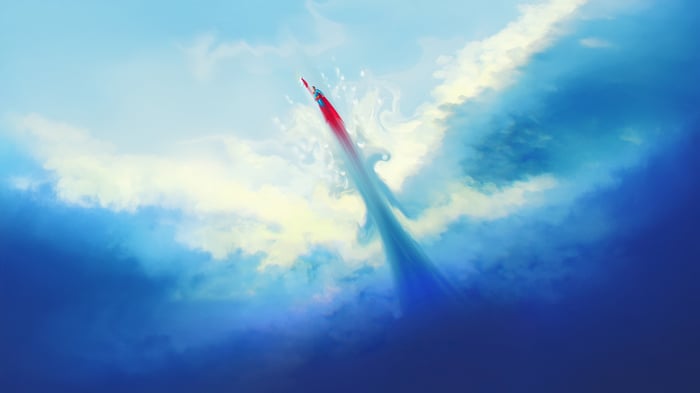 Superman and Krypto flying through clouds