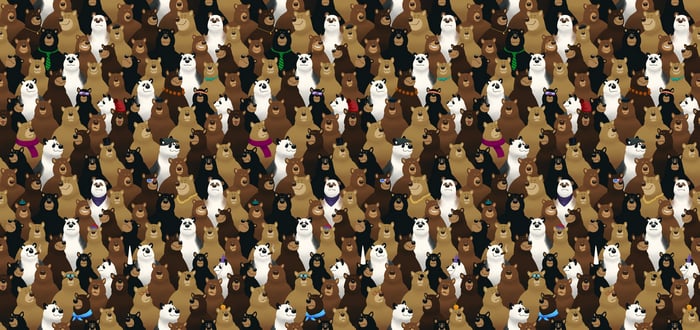 A crowd of cartoon bears wearing accessories