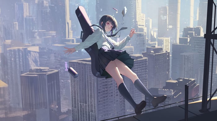 Anime School Girl Falling With Guitar Case Over City