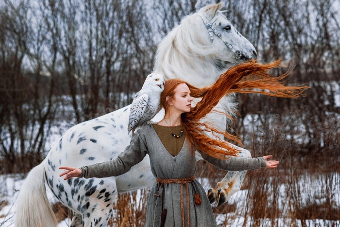 Woman with Red Hair, Horse, and Owl in Winter