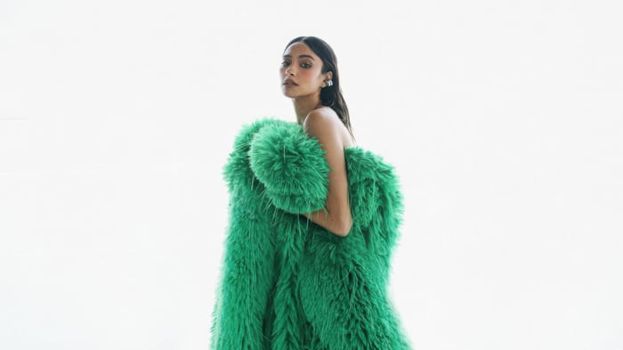 Shay Mitchell in a green fluffy outfit