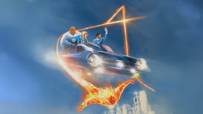The Fantastic Four Flying in a Car