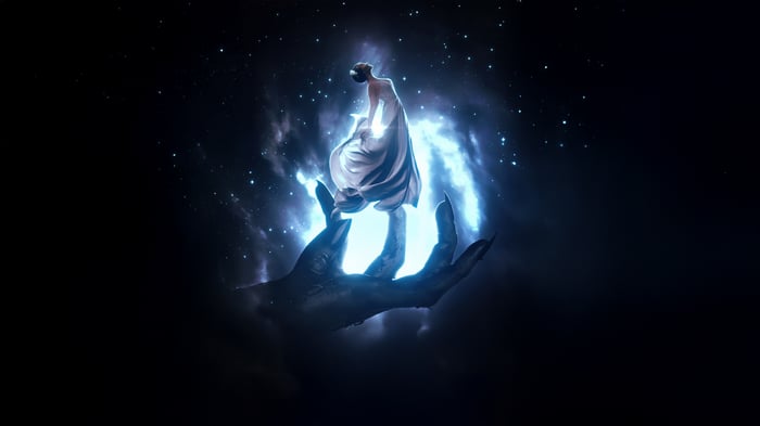 A woman in a white dress levitates above a giant hand
