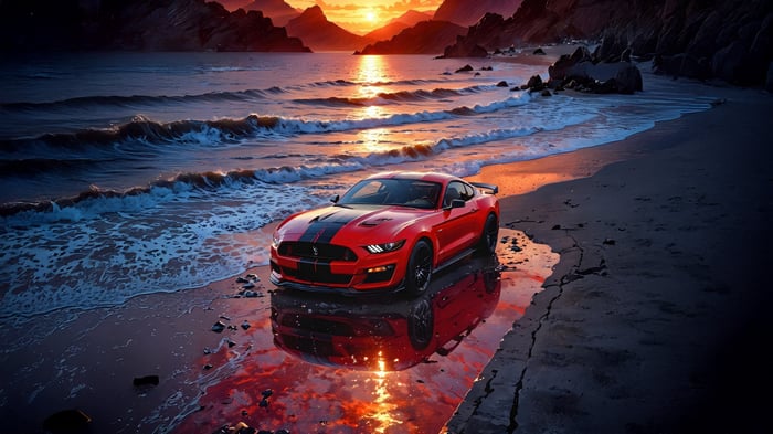 Red Ford Mustang on a Beach at Sunset