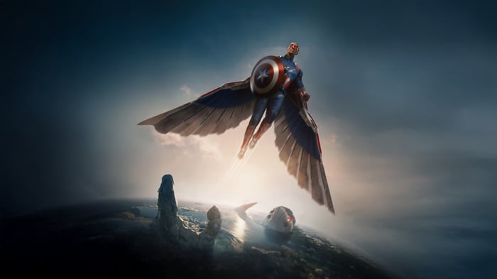 Captain America with Wings Flying Over Alien Landscape