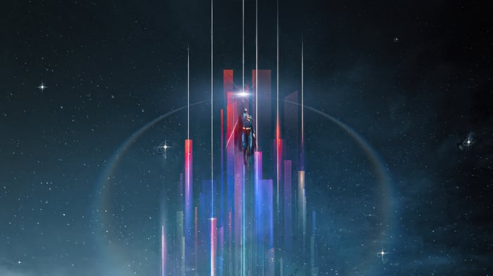 Superman Flying Upwards Through Abstract Cityscape in Space