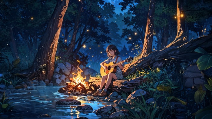 Girl Playing Guitar by Campfire in Forest
