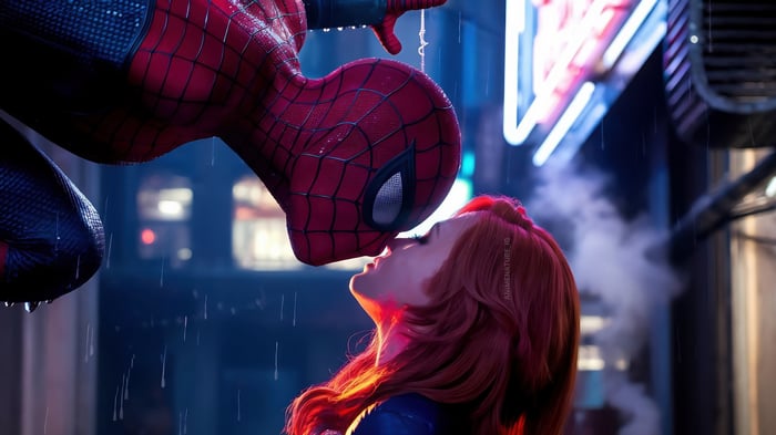 Spider-Man and Gwen Stacy kissing in the rain