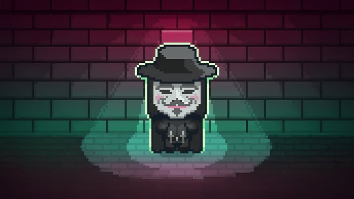 Pixelated Guy Fawkes Masked Figure in Alley