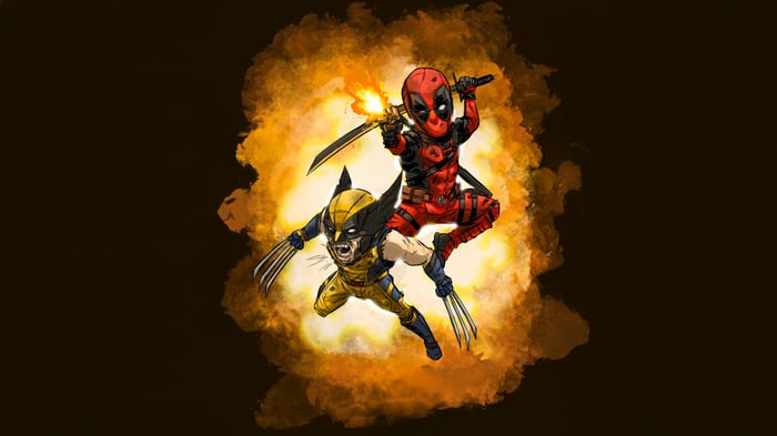 Deadpool and Wolverine in an explosion
