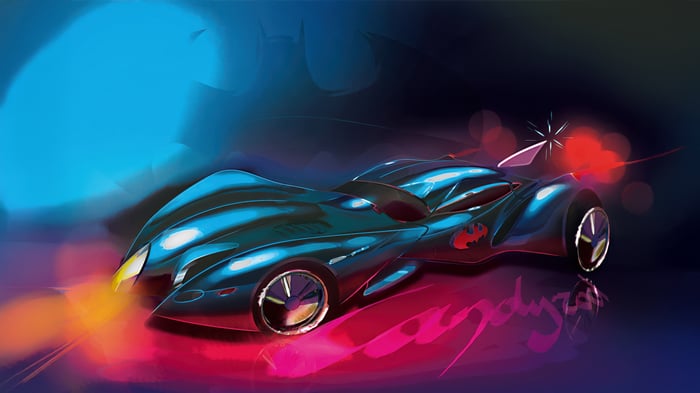 The Batmobile in motion with neon lights