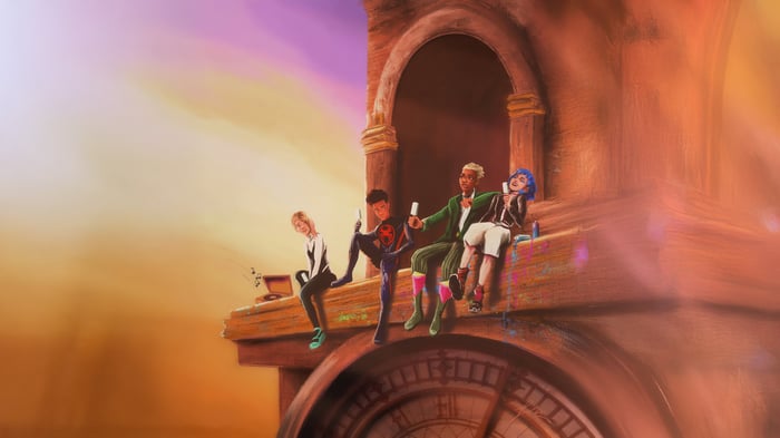 Arcane and Spider-Verse Characters Sitting Together