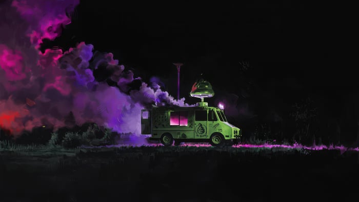 Cyberpunk Food Wagon with Purple Smoke