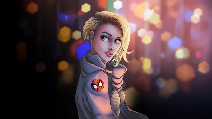 Gwen Stacy with Spider-Man logo