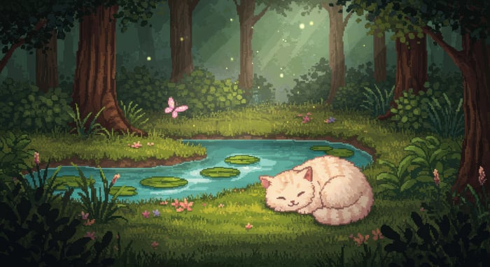 Pixel art cat sleeping by a pond in a forest