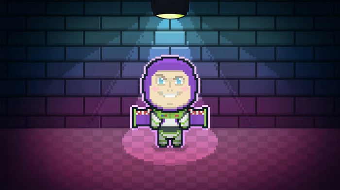 8-bit Buzz Lightyear in front of a brick wall
