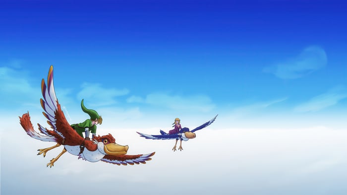 Link and Zelda ride birds in the sky