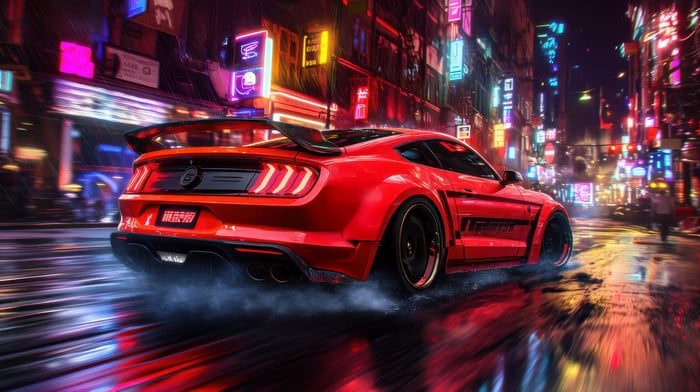Red Mustang on a Neon Street