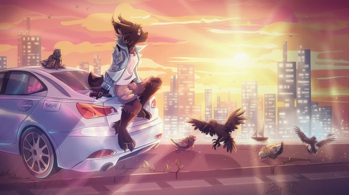 Furry character sitting on a car watching the sunset