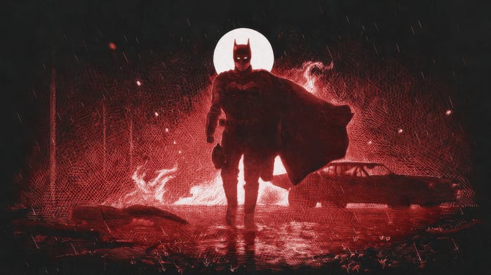 Batman Standing in Red Light with Moon