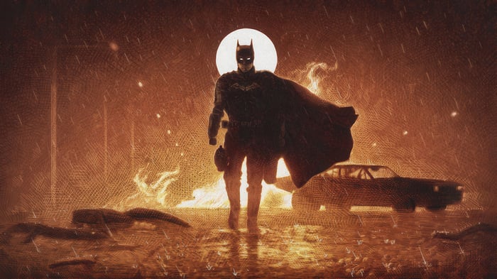 Batman in a burning, rainy city