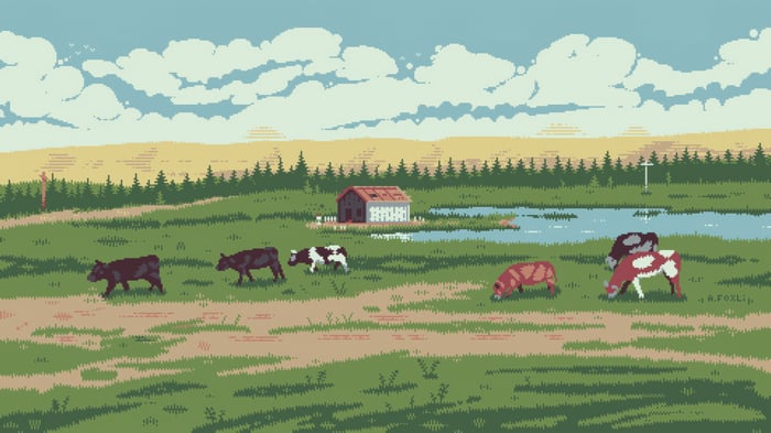 Pixel art cows grazing in a pastoral landscape with a barn