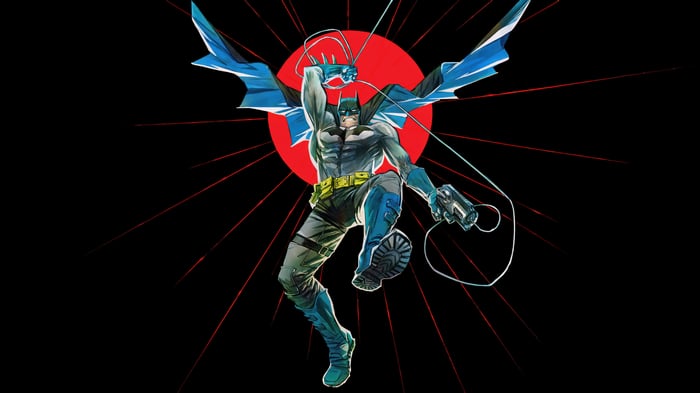 Batman in Action with Red Sun Background