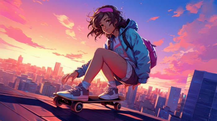 Cyberpunk Skater Girl on Rooftop at Sunset