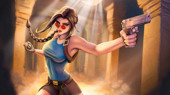 Lara Croft holding a grenade and a gun