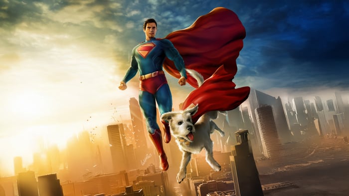 Superman and Krypto flying over a city