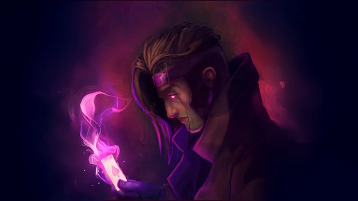 Gambit with glowing cards and purple smoke