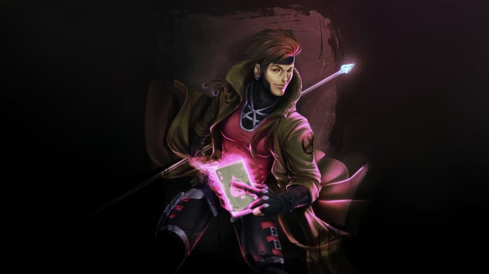 Gambit with a playing card and staff