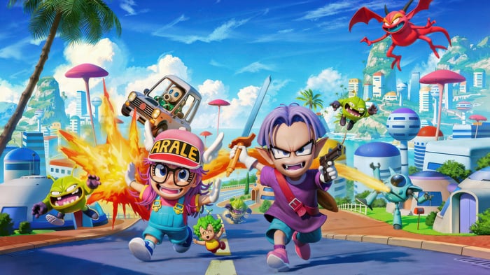 Arale and Trunks in a city with aliens and robots