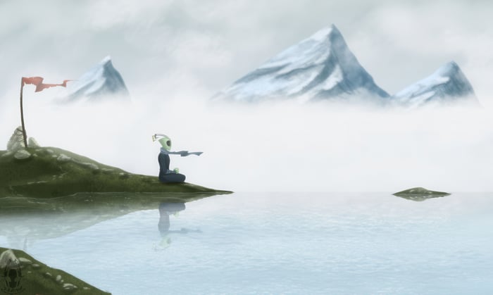 Alien Meditating by Misty Mountains