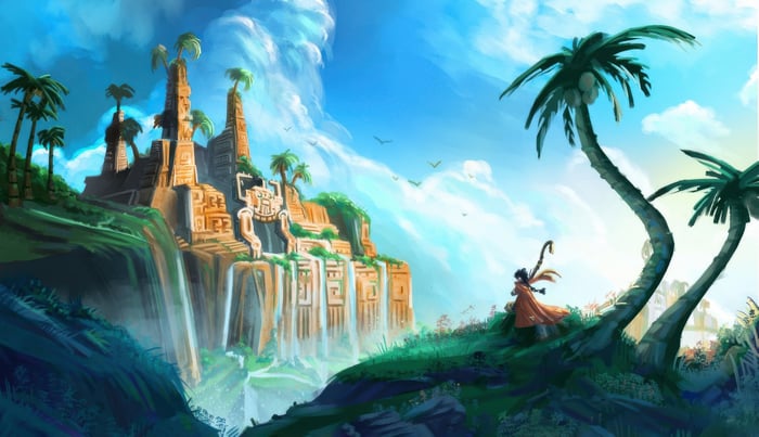 Ancient Jungle Ruins with Waterfalls and a Traveler