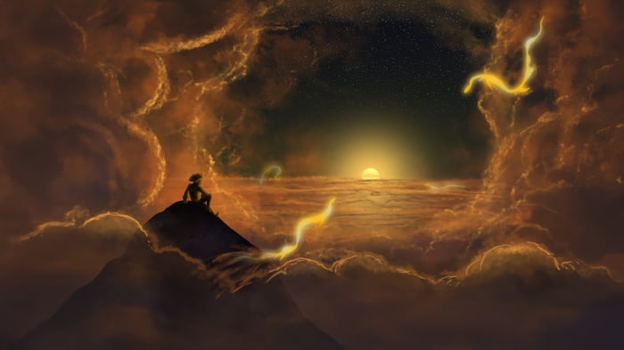 A person sits on a mountain peak surrounded by clouds at sunset