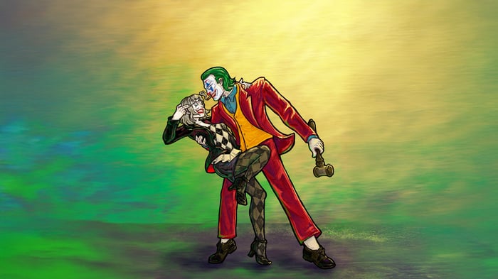 Joker and Harley Quinn dancing with a gavel
