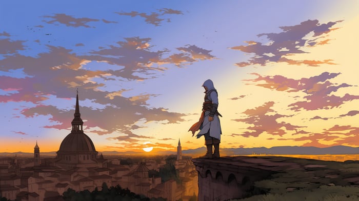 Assassin's Creed overlooking a city at sunset