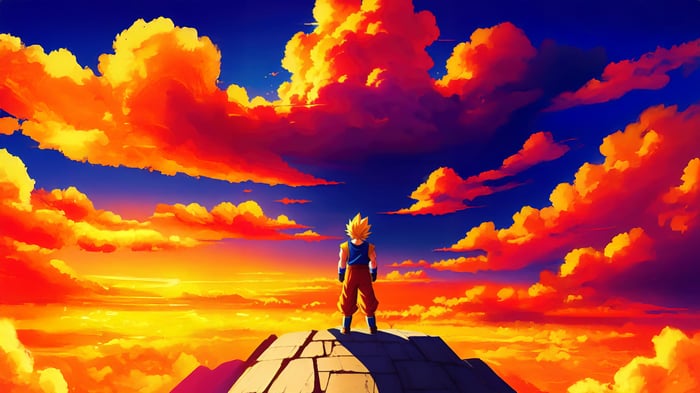 Goku standing on a stone platform against a sunset sky