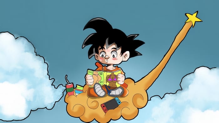Goku reading a magazine on Nimbus Cloud