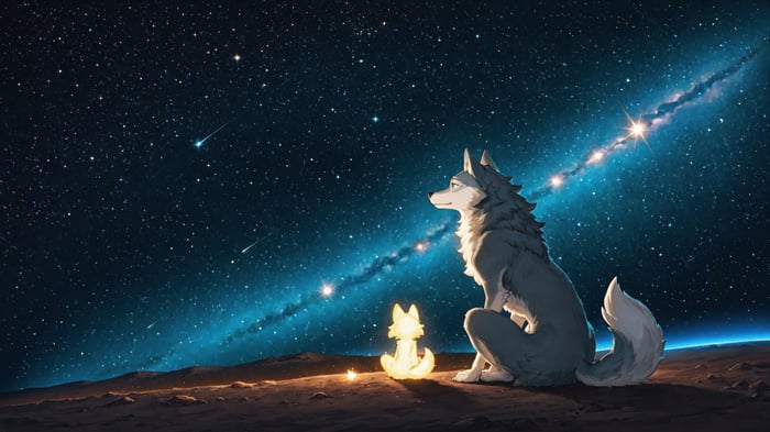 Wolf and glowing fox looking at the starry sky