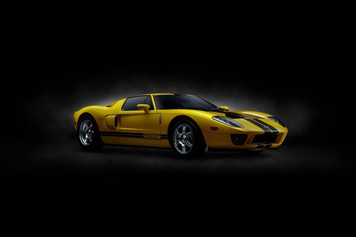 Yellow Ford GT with Black Stripes