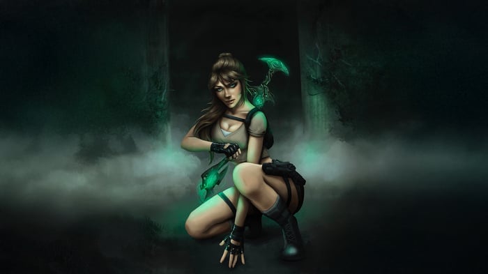 Lara Croft in a dark, misty jungle with glowing artifacts