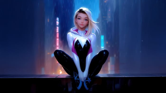 Gwen Stacy in Spider-Gwen Suit Sitting in Rain